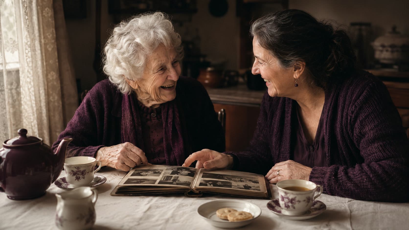 Two people sit together at a table, laughing while looking through an old photo album, with a teapot and cups nearby.