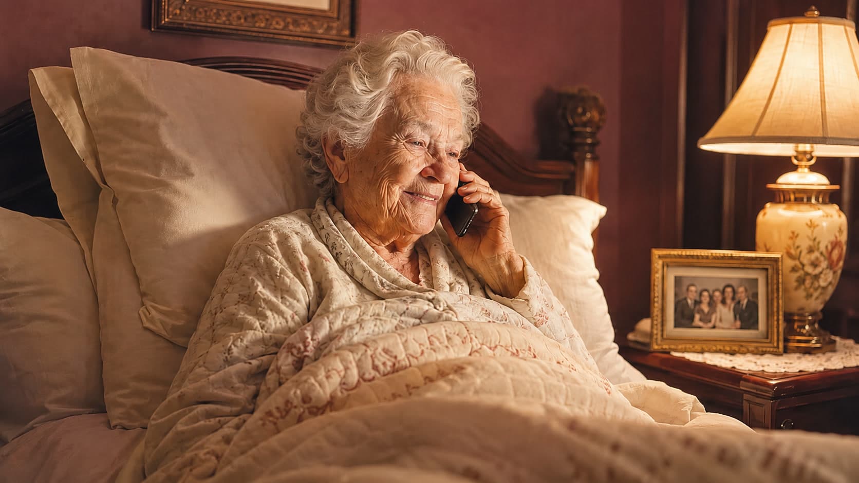 An older person, propped up in bed at night beside a lit lamp and a framed family photo, smiles while talking on the phone.